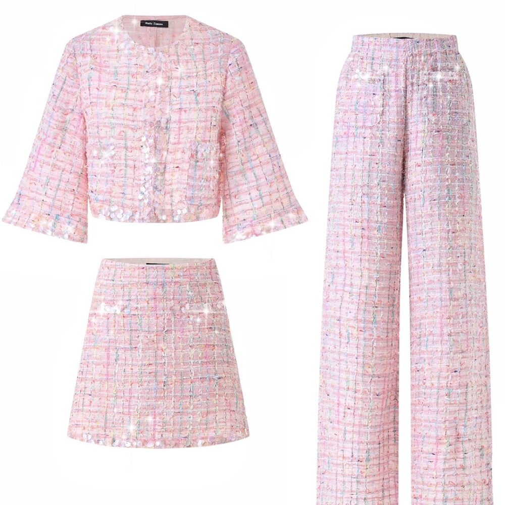 Pink Sequin Tweed Set (Jacket+Skirt+Pants)